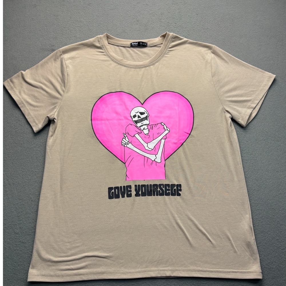 ROMWE Graphic T Shirt Skeleton Heart Love Yourself Print Beige Size S